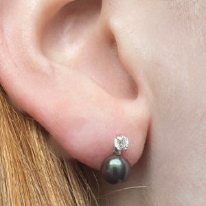 Earrings Pearl Black Swarovski Crystals, Vintage Stud Sterling Silver
